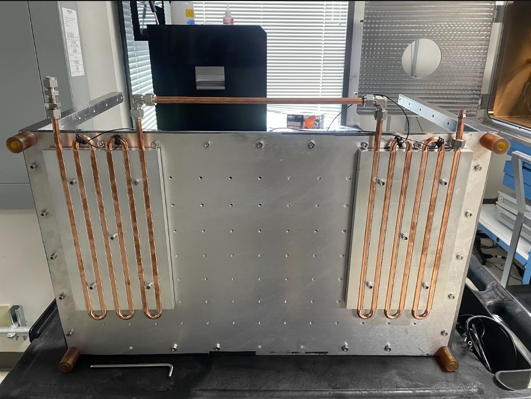 Thermal chamber installed inside the vacuum chamber, with thermocouple wiring